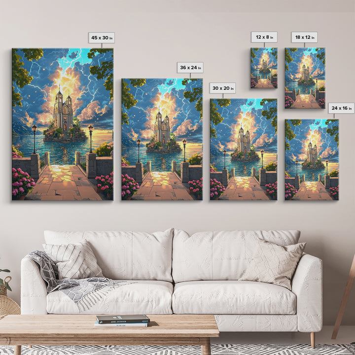 Lightning Over Island Cathedral And Lake Walkway Wall Art, Fantasy Landscape Print, Statement Living Room Decor Gift Idea