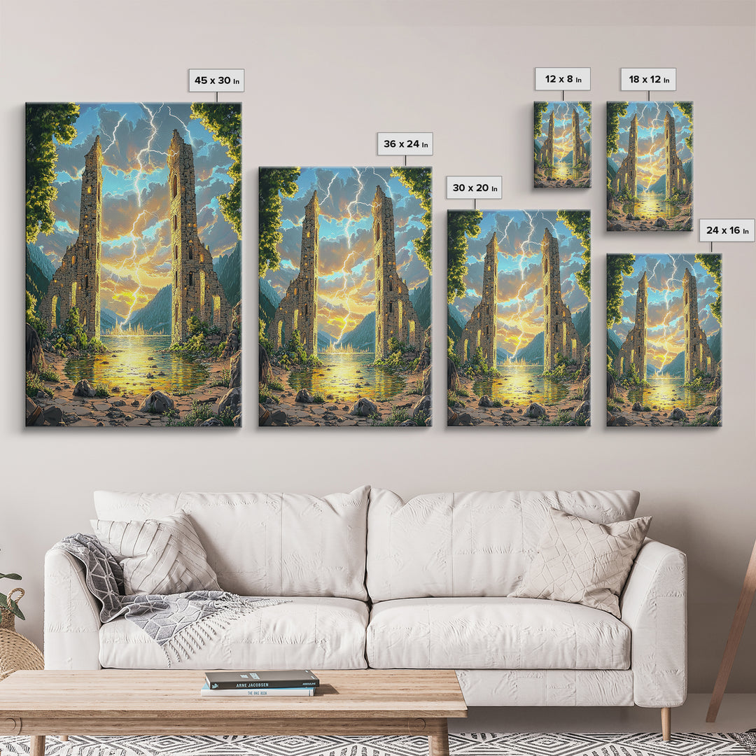 Ancient Ruined Towers With Lightning At Lake Canvas Print, Fantasy Landscape Wall Art, Mountain Decor, Dramatic Home Decor