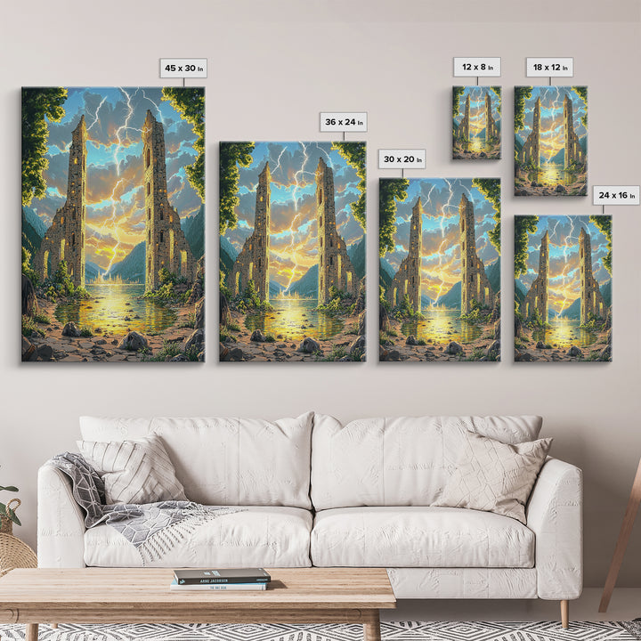 Ancient Ruined Towers With Lightning At Lake Canvas Print, Fantasy Landscape Wall Art, Mountain Decor, Dramatic Home Decor