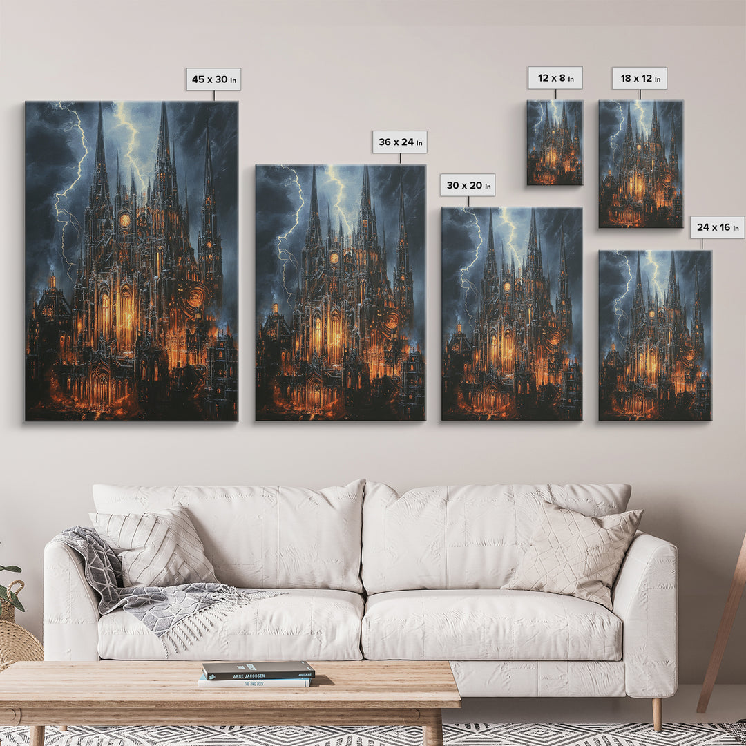 Stormy Gothic Cathedral With Orange Glow Framed Canvas Print, Dark Academia Wall Art, Moody Office Decor, Fantasy Art, Gift