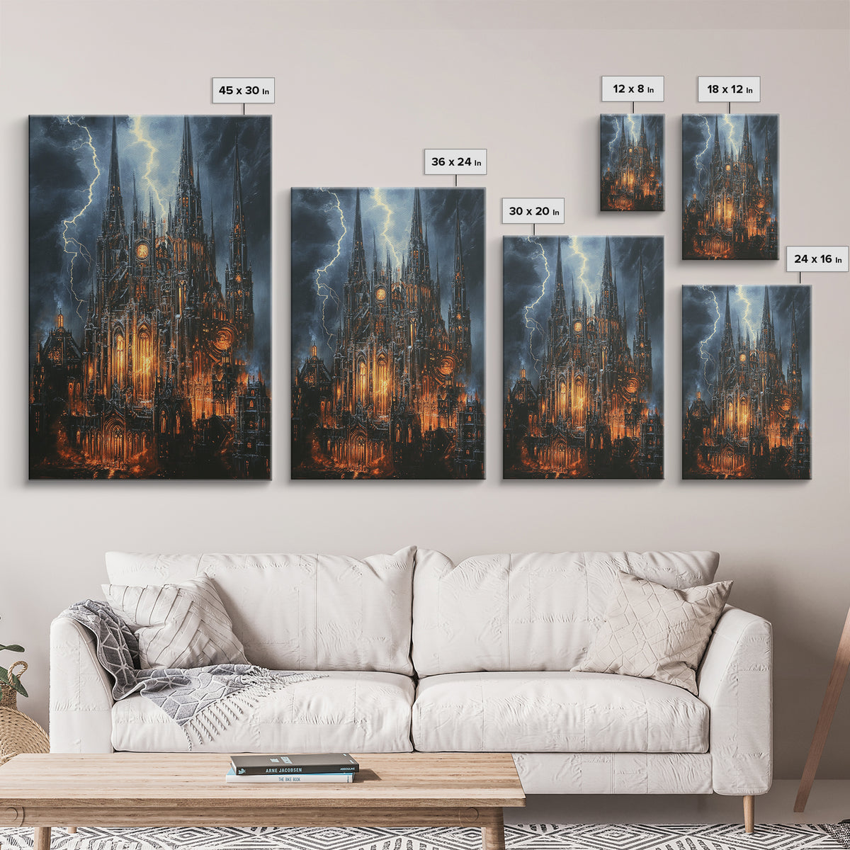 Stormy Gothic Cathedral With Orange Glow Framed Canvas Print, Dark Academia Wall Art, Moody Office Decor, Fantasy Art, Gift