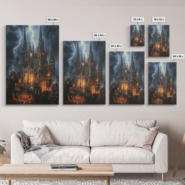 Stormy Gothic Cathedral With Orange Glow Framed Canvas Print, Dark Academia Wall Art, Moody Office Decor, Fantasy Art, Gift