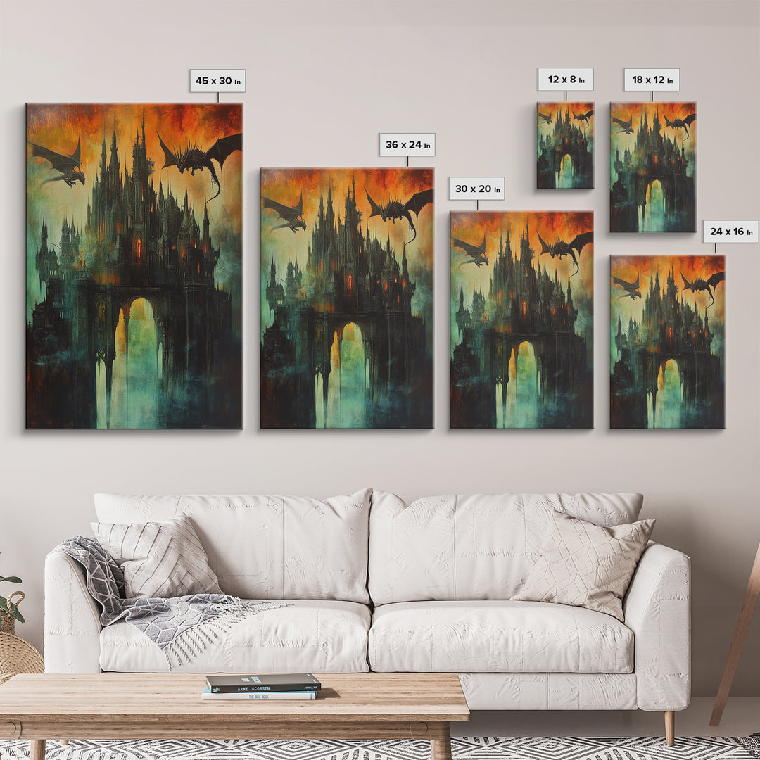 Dragon Silhouettes Above Dark Castle Canvas Print, Gothic Fantasy Wall Art, Surreal Art Print, Moody Living Room Decor, Gift