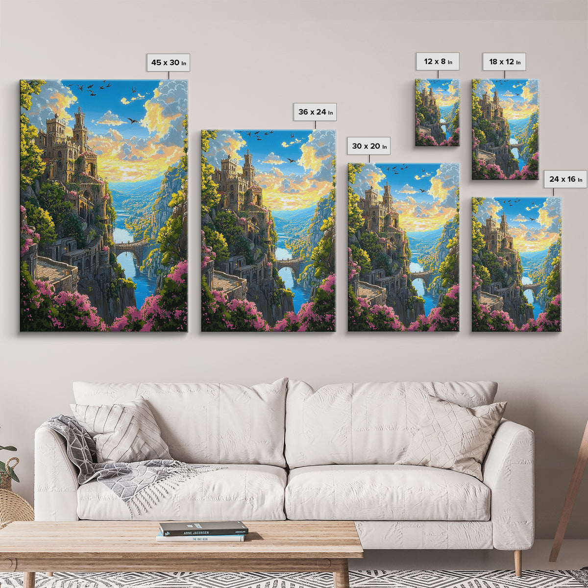 Cliffside Castle Garden Over Blue Valley Wall Art, Fantasy Landscape Print, Colorful Home Decor, Large Living Room Art, Gift