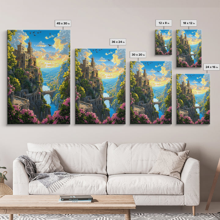 Cliffside Castle Garden Over Blue Valley Wall Art, Fantasy Landscape Print, Colorful Home Decor, Large Living Room Art, Gift