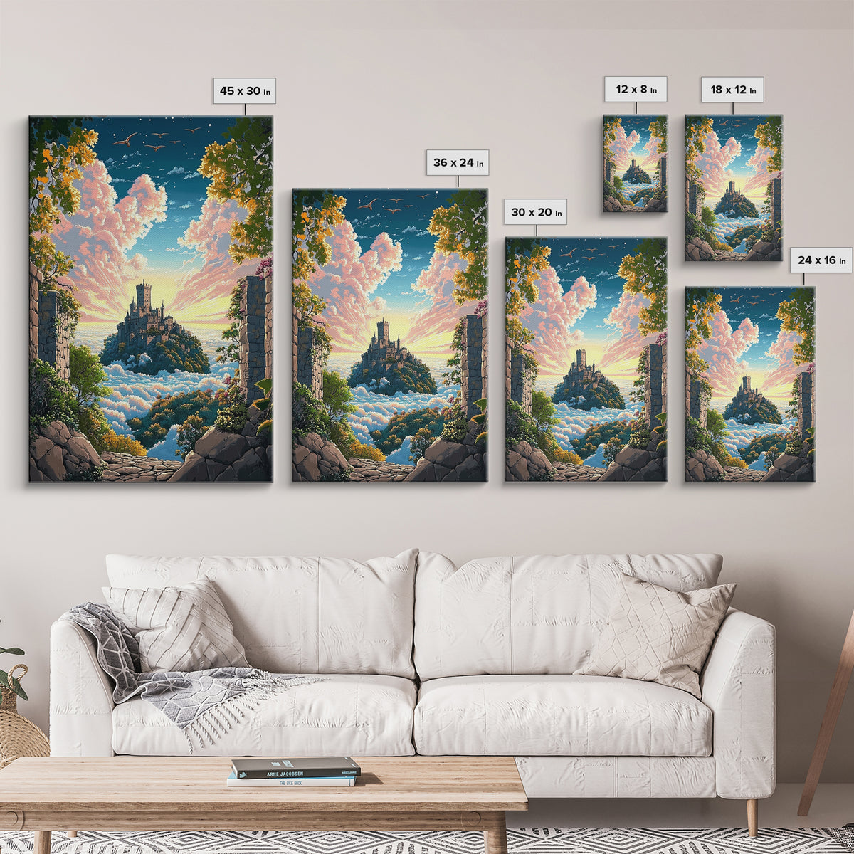 Castle Above Clouds Through Stone Gate Canvas Print, Dreamy Fantasy Wall Art, Whimsical Decor, Large Bedroom Wall Art, Gift