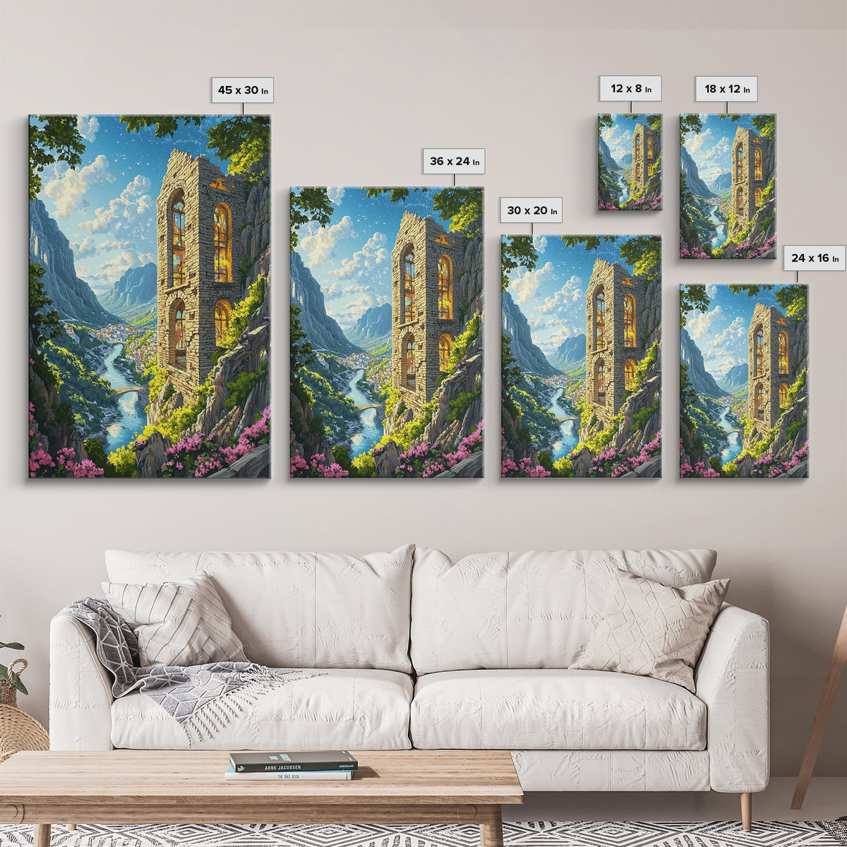 Sunlit Cliffside Stone Tower Above Alpine River Valley Wall Art, Fantasy Landscape Print, Gothic Ruins Decor Gift For Living Room
