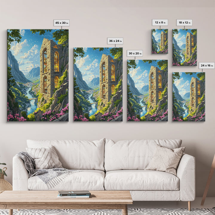 Sunlit Cliffside Stone Tower Above Alpine River Valley Wall Art, Fantasy Landscape Print, Gothic Ruins Decor Gift For Living Room