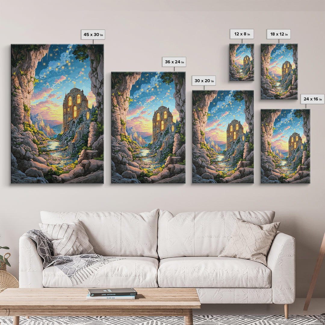 Twilight Cave Ruins With Glowing Windows And Starry Sky Framed Canvas Print, Fantasy Mountain Wall Decor For Cozy Home Gift