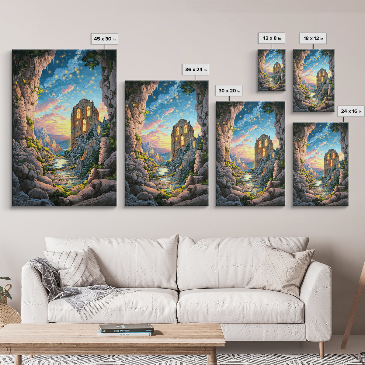 Twilight Cave Ruins With Glowing Windows And Starry Sky Framed Canvas Print, Fantasy Mountain Wall Decor For Cozy Home Gift