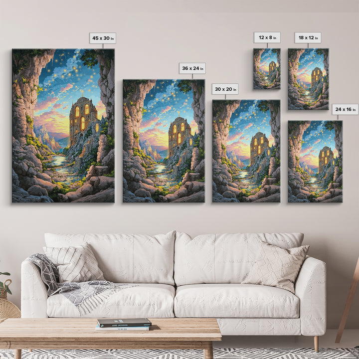 Twilight Cave Ruins With Glowing Windows And Starry Sky Framed Canvas Print, Fantasy Mountain Wall Decor For Cozy Home Gift
