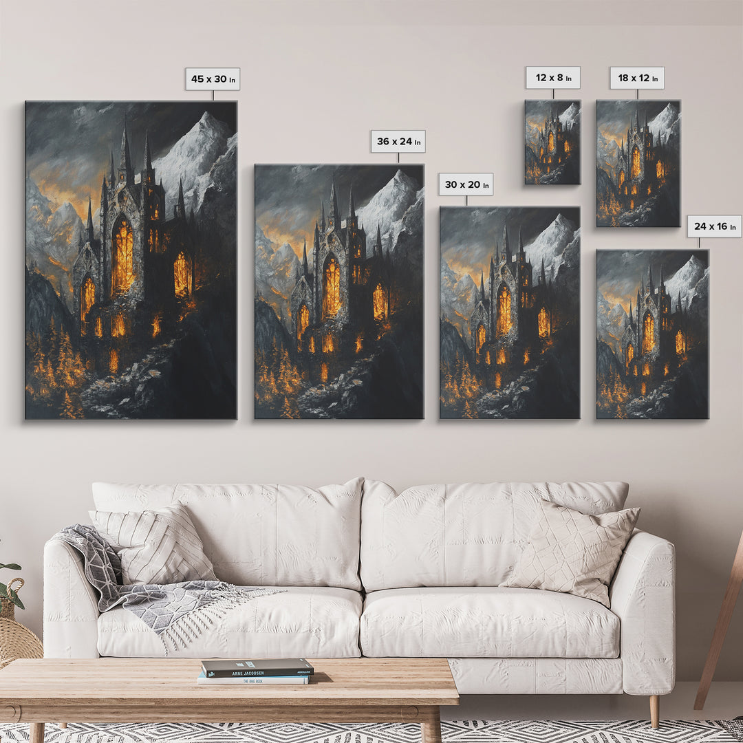Dark Gothic Cathedral In Snowy Mountains With Amber Windows Canvas Print, Moody Fantasy Wall Art, Dark Academia Decor For Office