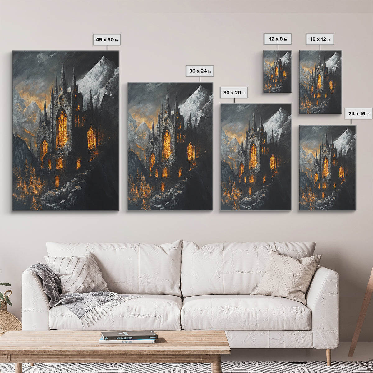 Dark Gothic Cathedral In Snowy Mountains With Amber Windows Canvas Print, Moody Fantasy Wall Art, Dark Academia Decor For Office