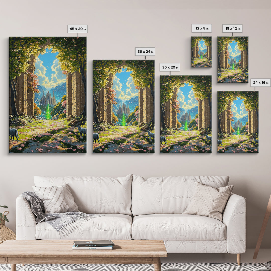 Enchanted Garden Archway To Distant Cathedral With Green Magic Wall Art, Fantasy Landscape Print, Whimsical Decor For Living Room