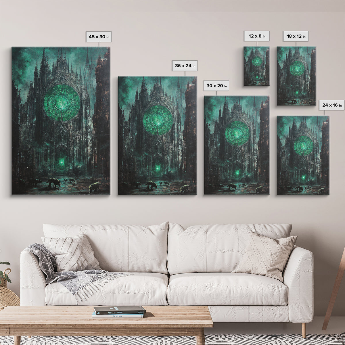 Emerald Rose Window On Dark Gothic Cathedral With Wolves Wall Art, Moody Fantasy Print, Dark Academia Office Decor For Living Room