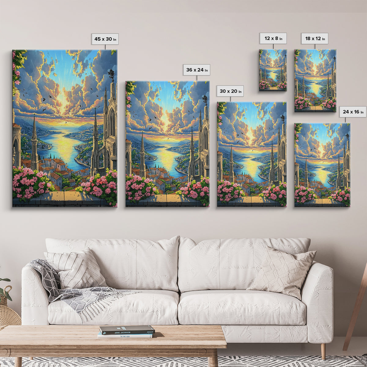 Sunset Harbor City From Cathedral Balcony With Pink Flowers Framed Canvas Print, Coastal Fantasy Wall Art, Home Decor For Living Room
