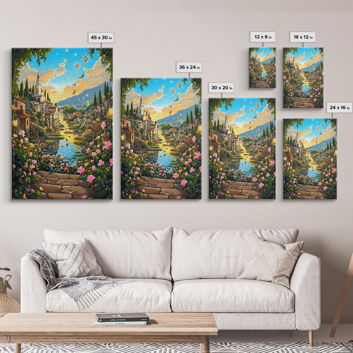 Sunlit Fantasy Village Canal With Flowers Canvas Print, Mediterranean Castle Wall Art For Living Room Decor Housewarming Gift
