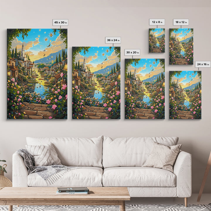Sunlit Fantasy Village Canal With Flowers Canvas Print, Mediterranean Castle Wall Art For Living Room Decor Housewarming Gift
