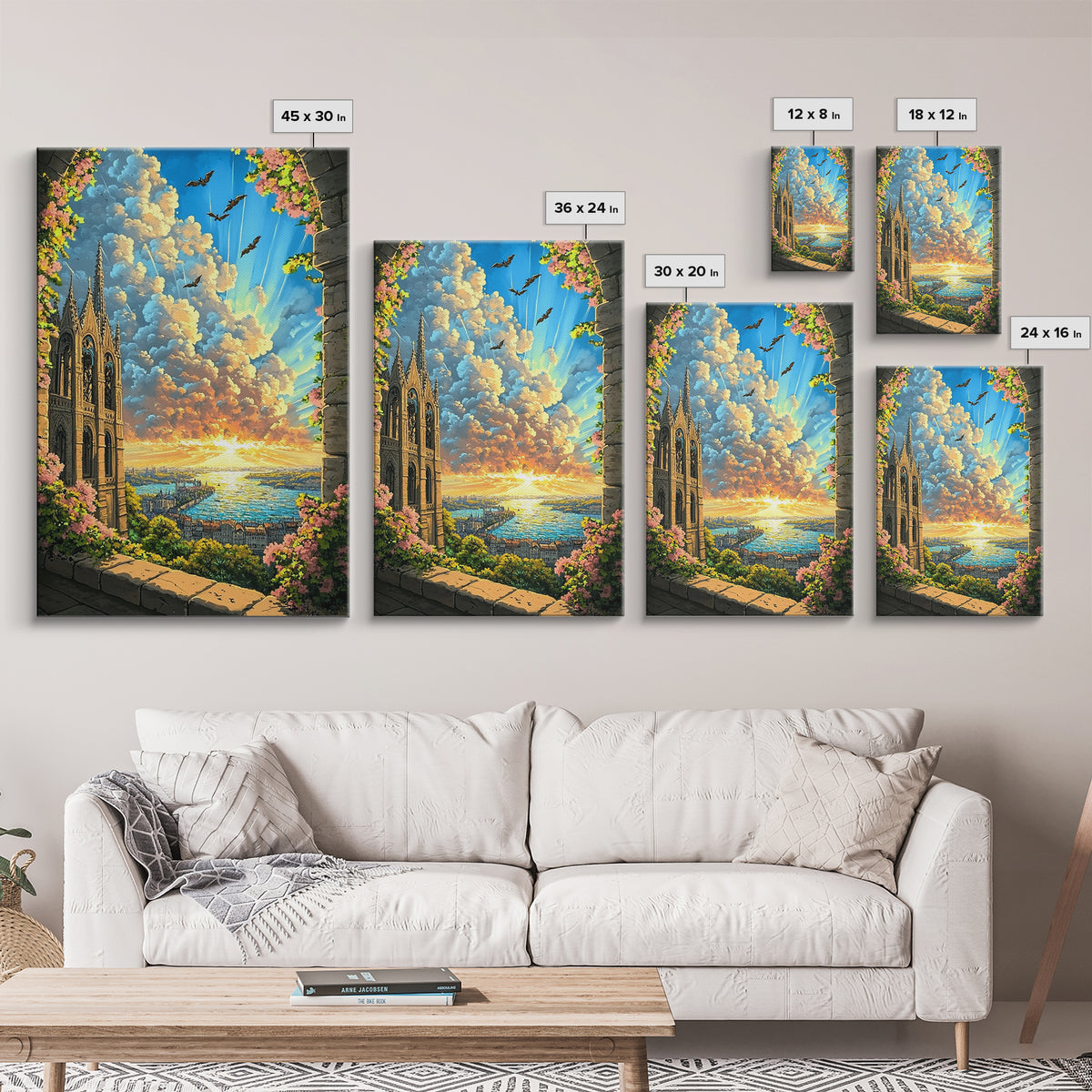 Gothic Cathedral Window At Golden Sunset Framed Canvas Print, Fantasy Landscape Wall Art For Bedroom Home Decor Gift For Her