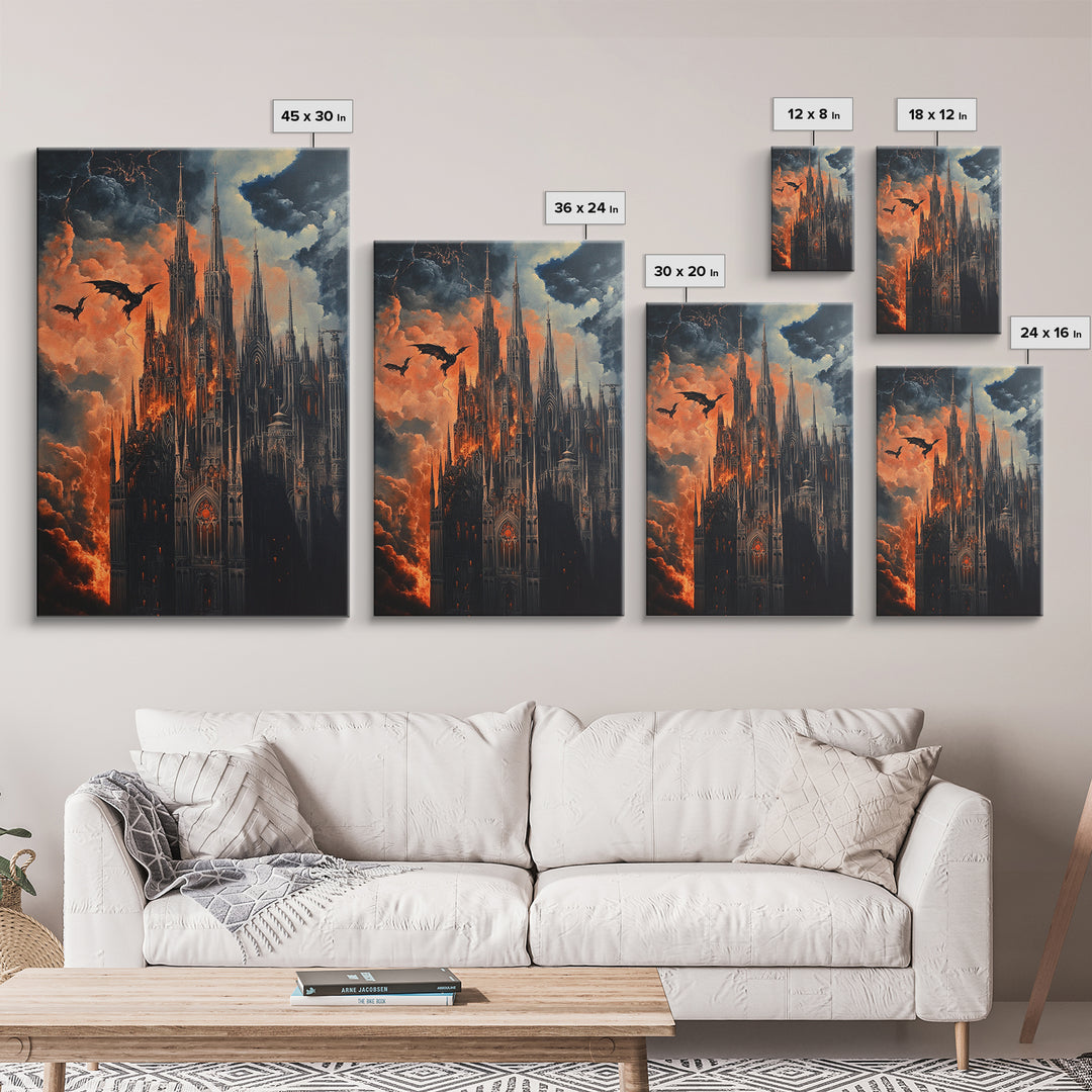 Burning Gothic Cathedral With Dragons Framed Canvas Print, Dark Fantasy Wall Art For Moody Gothic Office Decor Gift For Him