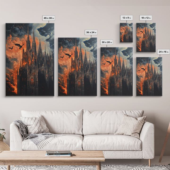 Burning Gothic Cathedral With Dragons Framed Canvas Print, Dark Fantasy Wall Art For Moody Gothic Office Decor Gift For Him