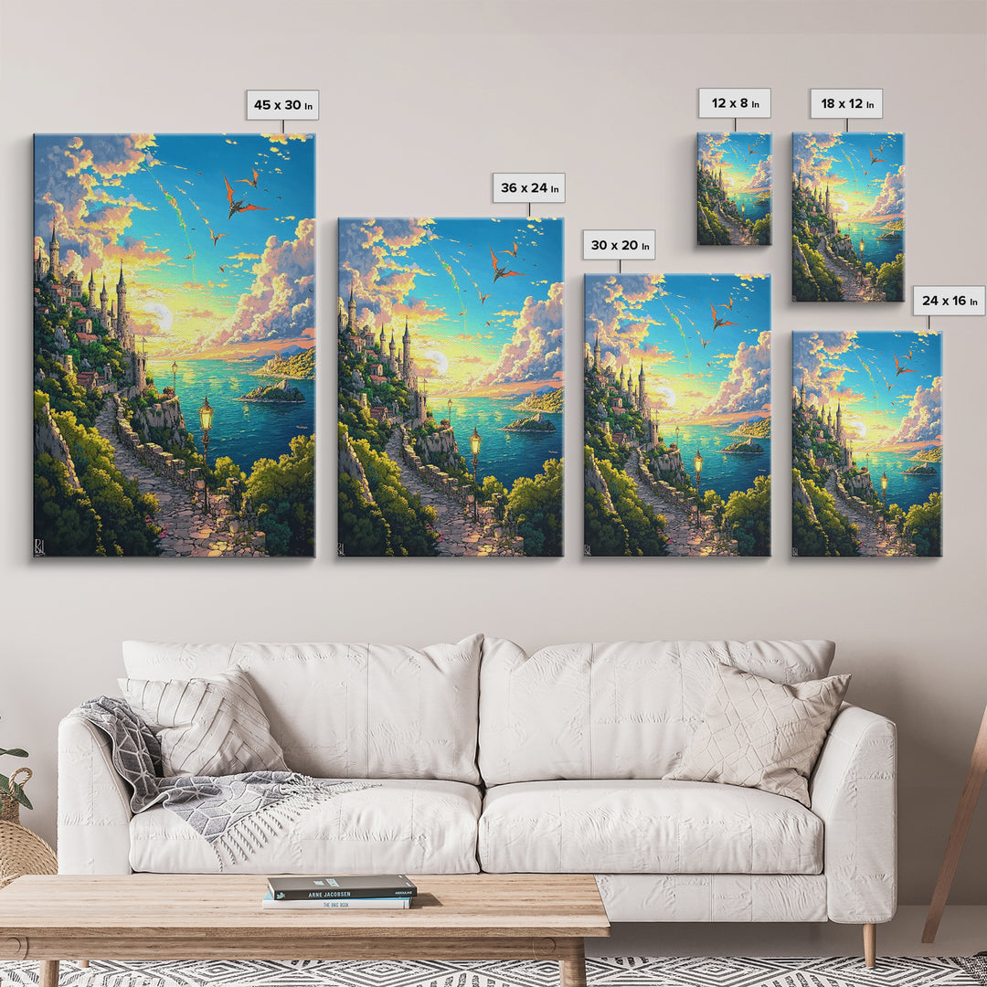 Sunset Seaside Castle Path With Dragons Canvas Print, Fantasy Coastal Wall Art For Living Room Home Decor Housewarming Gift