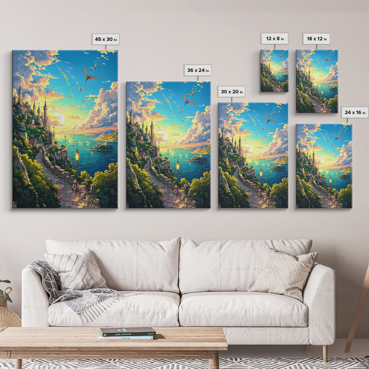 Sunset Seaside Castle Path With Dragons Canvas Print, Fantasy Coastal Wall Art For Living Room Home Decor Housewarming Gift