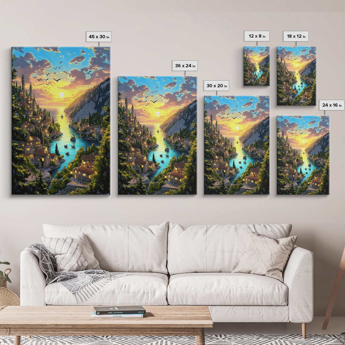 Glowing River Valley Castle Village Canvas Print, Fantasy Landscape Wall Art For Cozy Living Room Decor Housewarming Gift