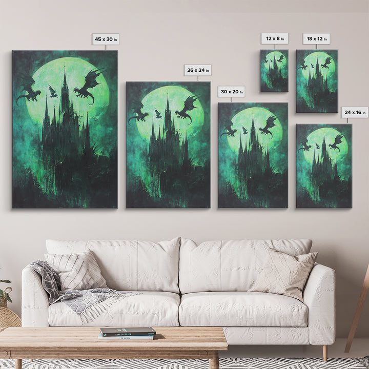 Green Moon Dragon Castle Framed Canvas Print, Gothic Dark Fantasy Wall Art For Moody Bedroom Decor Halloween Gift For Him