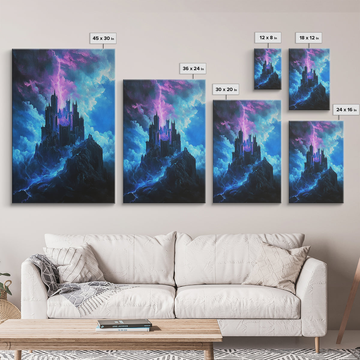 Stormy Gothic Castle With Purple Lightning Canvas Print, Dark Fantasy Wall Art For Moody Bedroom And Office Decor Gift For Him