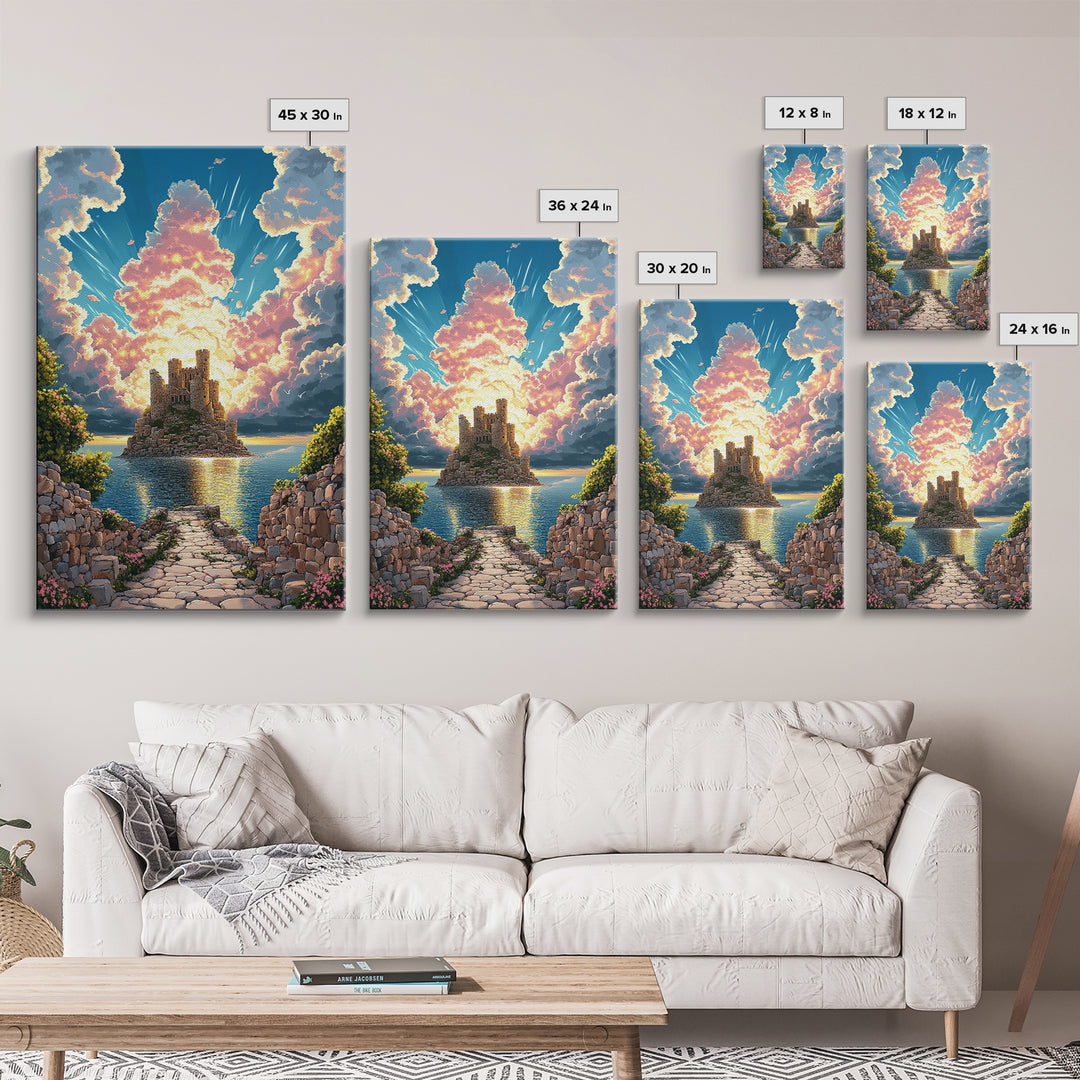 Island Castle Ruins Under Radiant Clouds Canvas Print, Coastal Fantasy Wall Art For Living Room Home Decor Housewarming Gift