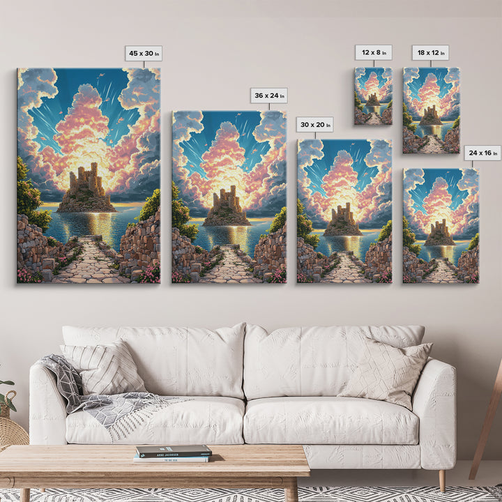 Island Castle Ruins Under Radiant Clouds Canvas Print, Coastal Fantasy Wall Art For Living Room Home Decor Housewarming Gift