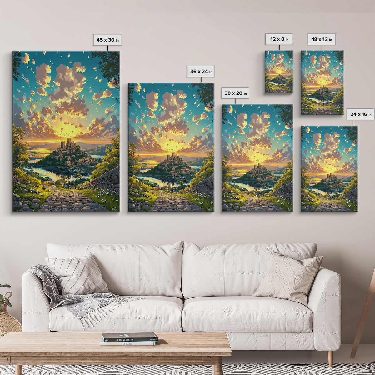 Sunrise Hilltop Castle Village Stone Path Canvas Print, Fantasy Landscape Wall Art For Living Room Decor Housewarming Gift