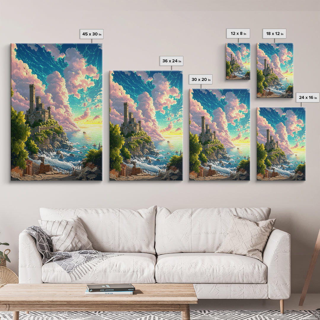 Sunlit Coastal Castle By Turquoise Sea Wall Art, Fantasy Landscape Print, Ocean Cliff Decor, Large Canvas Home Decor, Gift