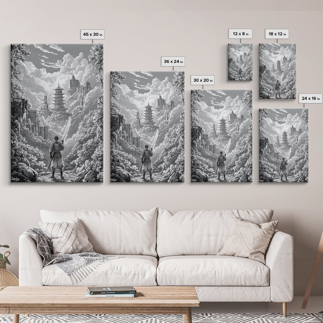Black And White Samurai Temple Wall Art, Japanese Pagoda Fantasy Print, Monochrome Landscape, Framed Canvas Print, Home Decor
