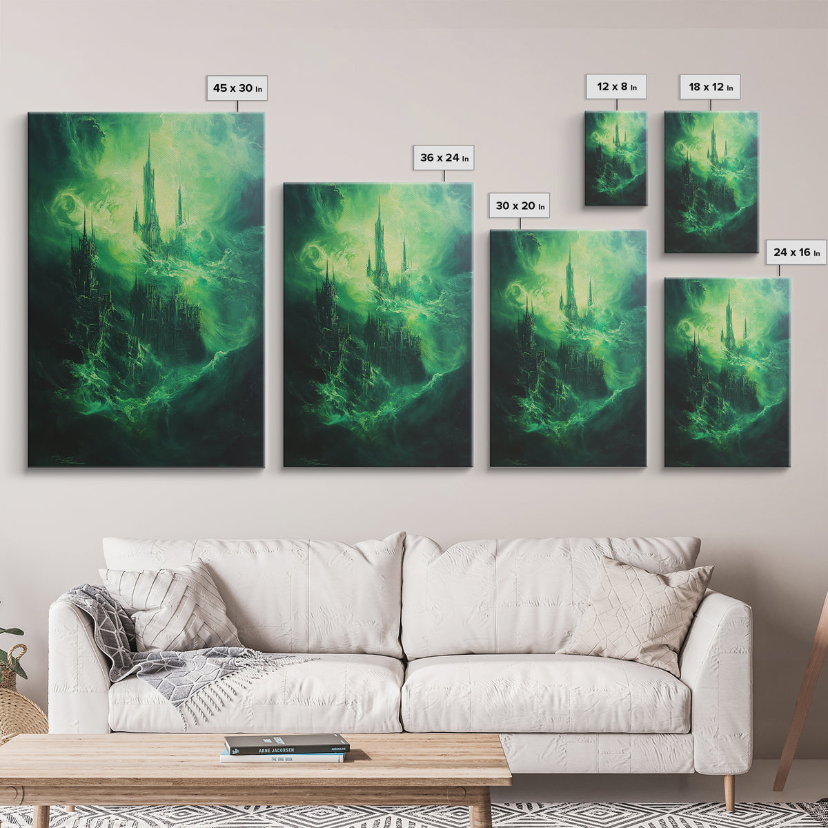 Emerald Gothic Floating Castle Large Canvas Print, Dark Fantasy Wall Art, Surreal Green Cityscape, Moody Home Decor Gift