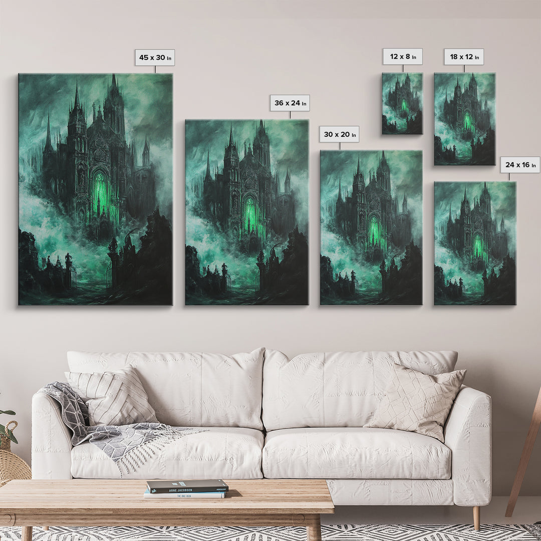 Haunted Gothic Cathedral In Emerald Mist Wall Art, Dark Academia Decor, Fantasy Architecture, Moody Framed Canvas Print, Gift
