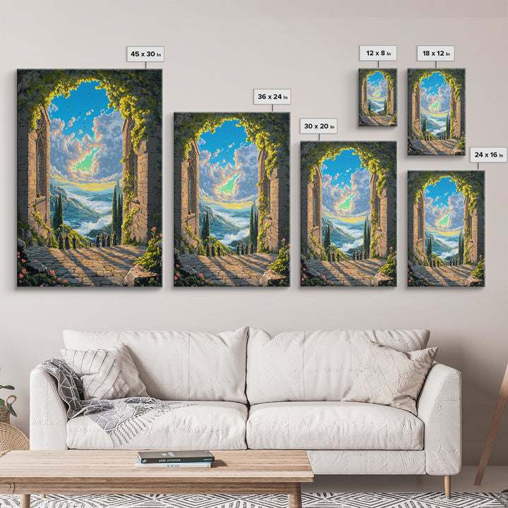 Sunlit Stone Archway Over Mountain Valley Wall Art, Italian Landscape Print, Garden Ruins Decor, Large Framed Canvas Print