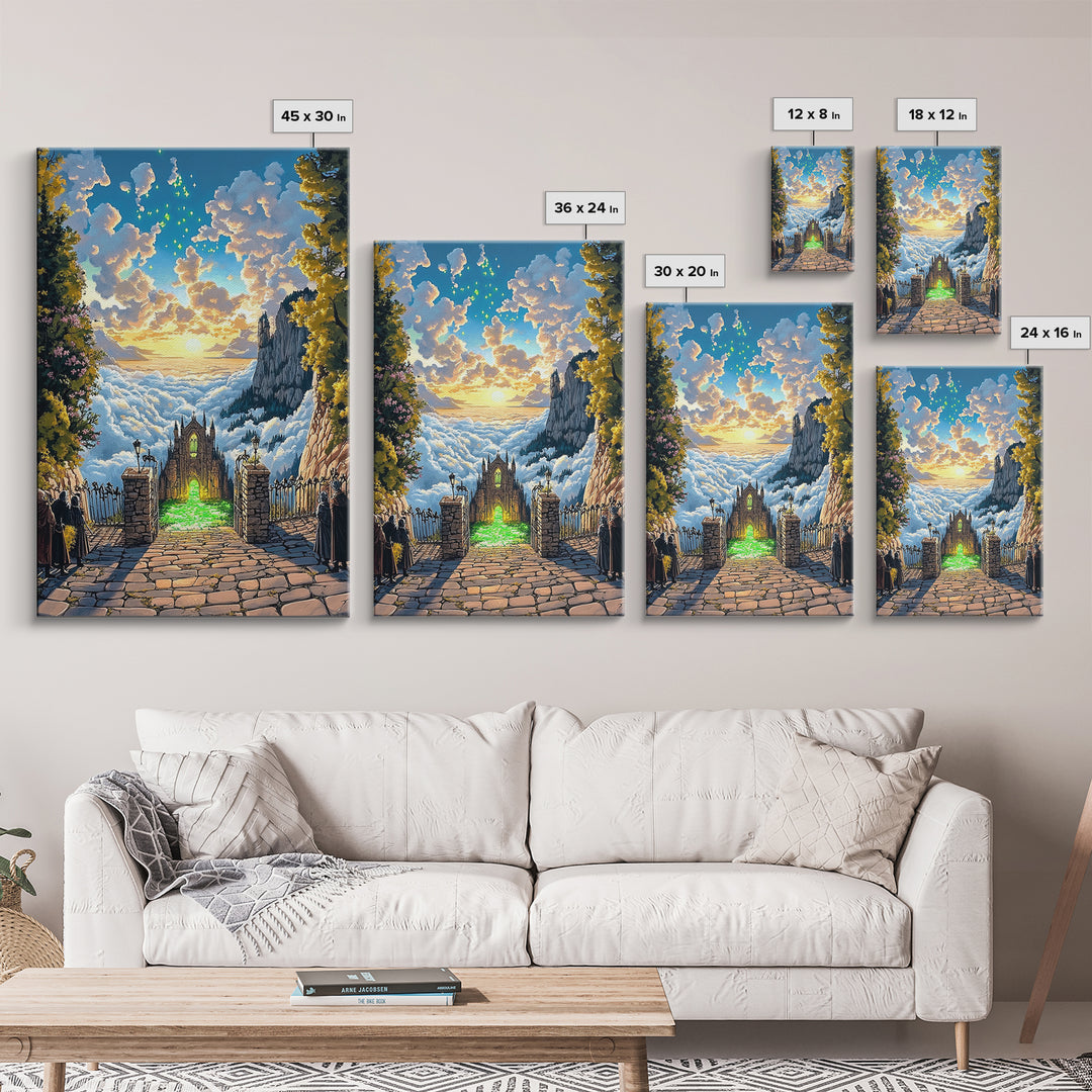 Glowing Cathedral Gate Above Cloud Sea Wall Art, Fantasy Landscape Print, Celestial Castle Decor, Large Framed Canvas Print