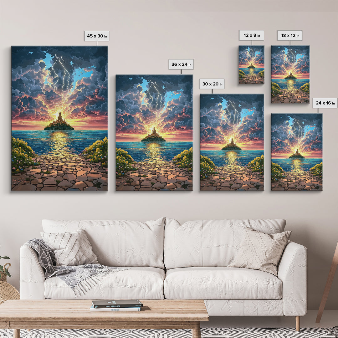 Lightning Over Island Tower At Sunset Wall Art, Dramatic Ocean Seascape Print, Fantasy Coastal Decor, Framed Canvas Print
