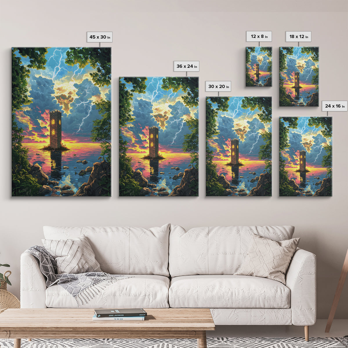 Lightning Struck Sea Tower At Sunset Canvas Print, Fantasy Coastal Wall Art, Stormy Ocean Decor, Large Framed Canvas Print