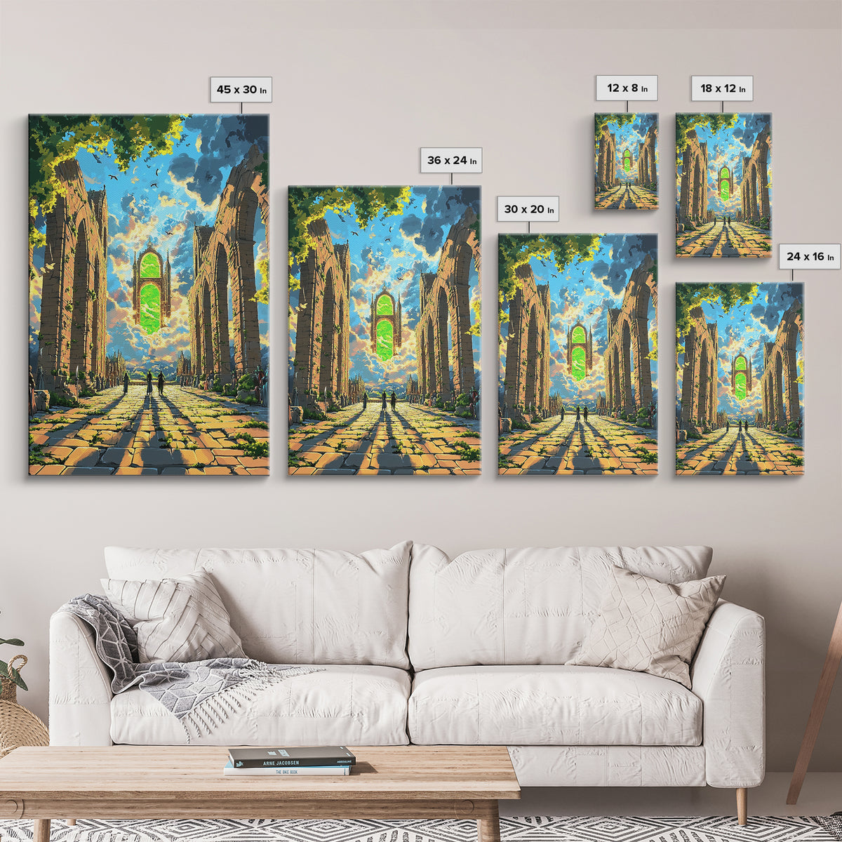 Sunlit Ruined Cathedral Portal Canvas Print, Fantasy Wall Art, Gothic Architecture, Mystical Landscape, Living Room Decor