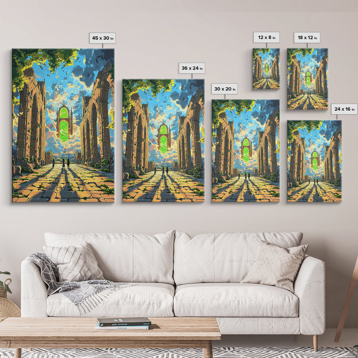 Sunlit Ruined Cathedral Portal Canvas Print, Fantasy Wall Art, Gothic Architecture, Mystical Landscape, Living Room Decor