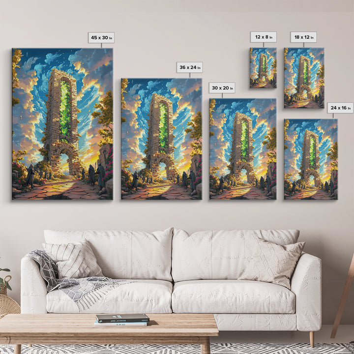Glowing Stone Tower Gate Framed Canvas Print, Fantasy Wall Art, Gothic Ruins, Magical Landscape, Statement Home Decor, Living Room Art