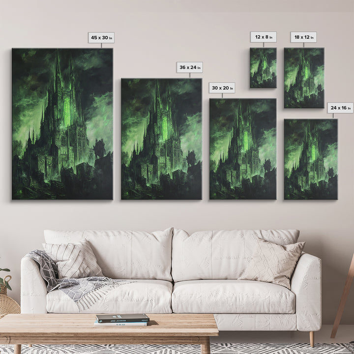 Dark Green Gothic Cathedral Wall Art, Fantasy Castle Print, Dark Academia Decor, Moody Wall Decor, Gothic Canvas Print, Mystical Art