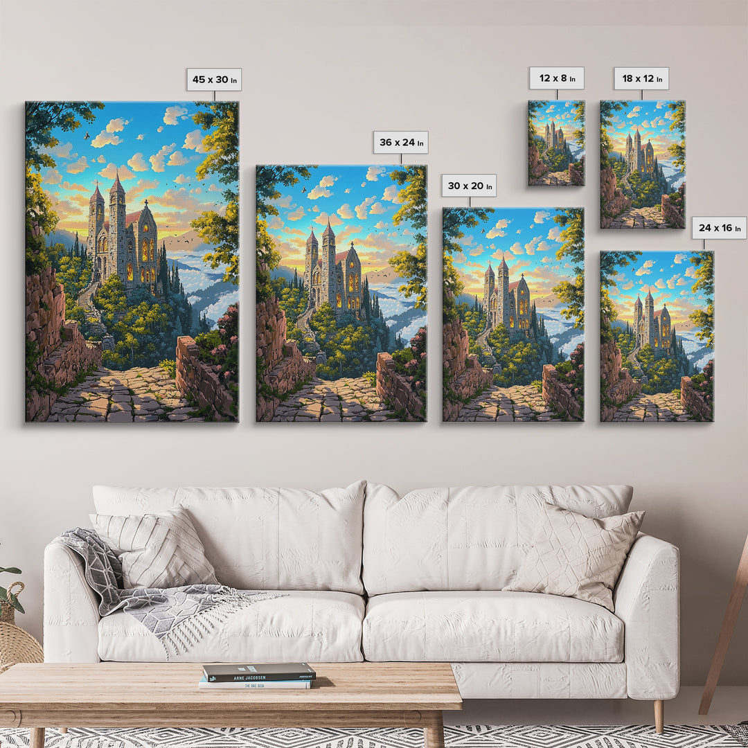 Stone Hilltop Abbey Framed Canvas Print, Fantasy Landscape Wall Art, Gothic Architecture, Nature Decor, Living Room Art, Home Decor