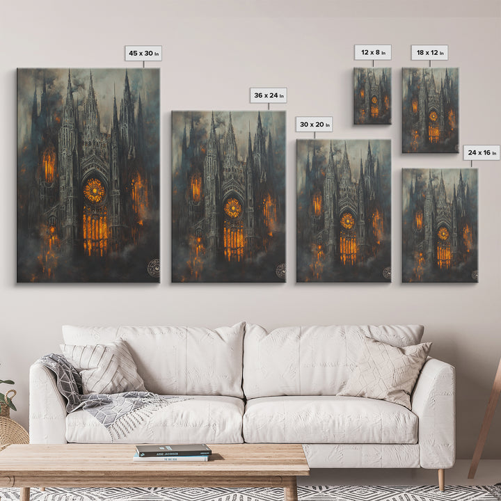 Burning Gothic Cathedral Canvas Print, Dark Fantasy Wall Art, Moody Architecture, Dark Academia Decor, Statement Artwork