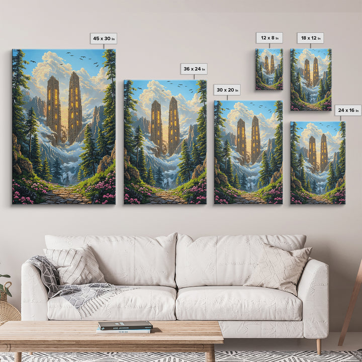 Twin Mountain Towers Canvas Print, Snowy Fantasy Landscape Wall Art, Pine Forest Decor, Large Wall Art, Living Room Decor