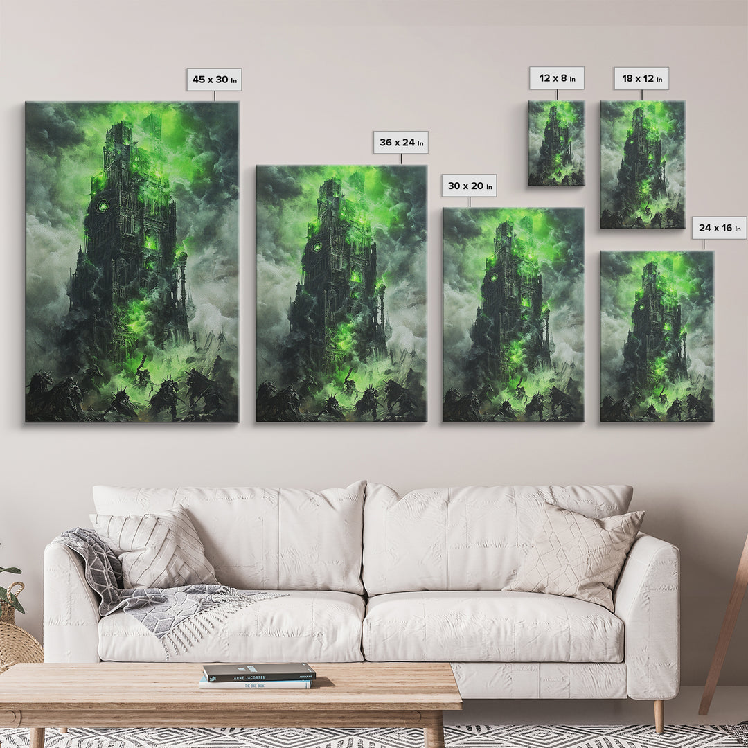 Haunted Green Fortress Canvas Print, Dark Fantasy Wall Art, Gothic Castle, Surreal Art, Moody Wall Decor, Gaming Room Art