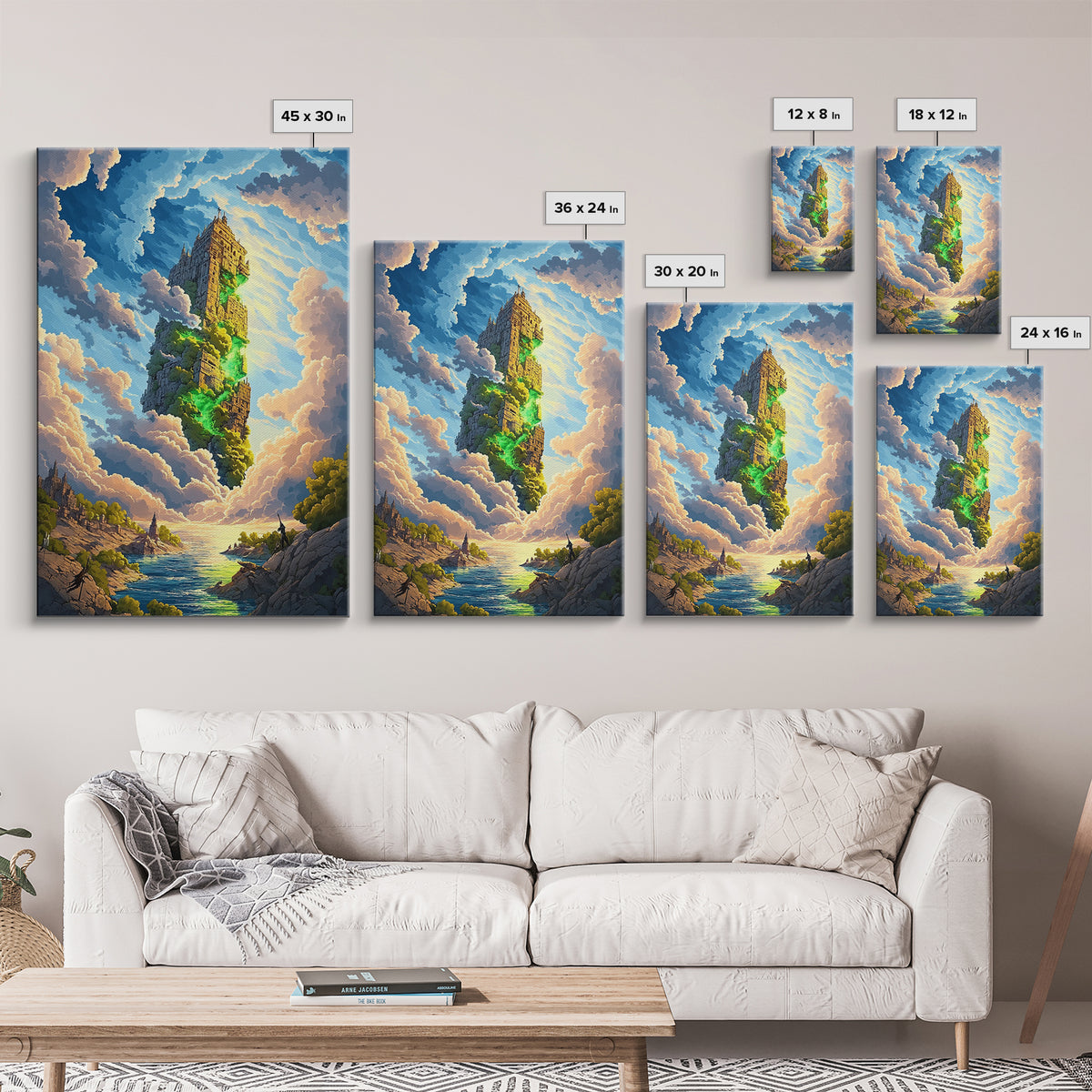 Floating Stone Tower Canvas Print, Magical Sky Island Wall Art, Fantasy Landscape, Coastal Decor, Statement Home Decor, Large Art